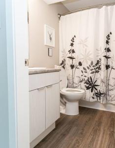 a bathroom with a toilet and a shower curtain at North Shore Estates Getaway in Lake Cowichan