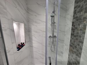 a bathroom with a shower with a glass door at Garland Modern 4 Bedroom Central Apartment London in Finchley +26 photos
