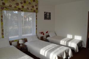 1 dormitorio con 2 camas y una ventana con flores en Kalinowy Sen en Varsovia