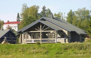 a house with a black roof on a green field at Himoshovi Cottages in Jämsä