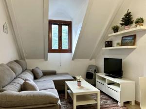 uma sala de estar com um sofá e uma televisão em Locky · Espacio y Exclusividad ❅ Pirineos360 ❅ em Sallent de Gállego