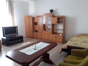 een woonkamer met een salontafel en een televisie bij Noclegi u Janinki in Ostrowiec Świętokrzyski