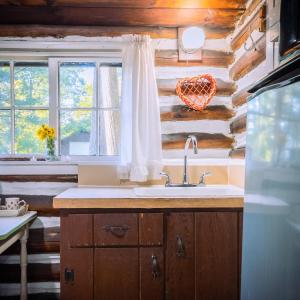 a kitchen with a sink and a window at Log Cabin Motor Court in Asheville