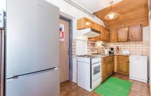 eine Küche mit Holzschränken und einem weißen Kühlschrank in der Unterkunft Awesome Home In Plaski With Wifi in Plaški