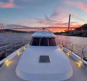 una barca bianca con luci sull'acqua e un ponte di Yetkin Tekne a Bodrum City