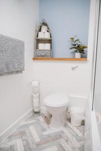 a white bathroom with a toilet and a shelf at Barry Island Beachfront Apartment - Stunning Bay Views and Private Parking in Barry