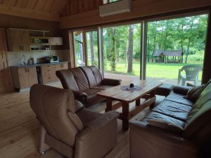 a living room with couches and a table and a kitchen at Sodyba Žaliasis slėnis Anykščiuose in Anykščiai