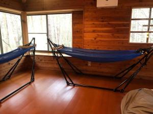 two hammocks in a room in a log cabin at 北軽井沢の貸別荘一棟貸し切り-庭とウッドデッキつき in Azumaiokozan