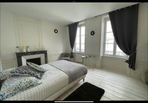 a bedroom with a bed and a fireplace and windows at Appartement plein centre de la ROCHELLE in La Rochelle