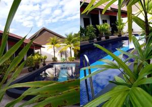 uma colagem de duas fotos de uma piscina e uma casa em Anjung Villa em Pantai Cenang