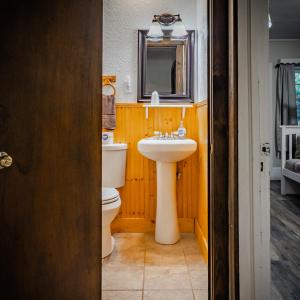 a bathroom with a toilet and a sink at Log Cabin Motor Court in Asheville