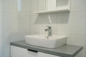 ein weißes Waschbecken im Bad mit weißen Wänden in der Unterkunft Studio apartman Golden Lux in Pale