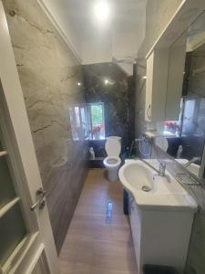a bathroom with a sink and a toilet at Apartamenti8 Korca in Korçë