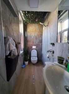 a bathroom with a toilet and a sink at Apartamenti8 Korca in Korçë