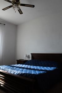 a bedroom with a bed with a ceiling fan at La casa della zia in Albiano