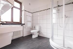 La salle de bains est pourvue de toilettes, d'un lavabo et d'une douche. dans l'établissement SPA Pod Javory, à Nejdek