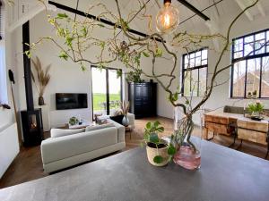 Kerkje van Peins في Peins: غرفة معيشة مع أريكة وطاولة مع شجرة