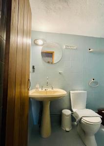 La salle de bains est pourvue d'un lavabo, de toilettes et d'un miroir. dans l'établissement vecchia casa, à Monemvasia