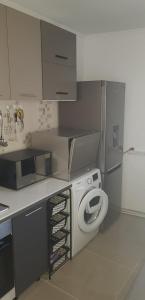 a kitchen with a washing machine and a microwave at Interbelic km0 (studio 2) in Constanţa