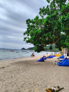 a beach with blue umbrellas and people on it at Grand Beach Resort in Koh Tao