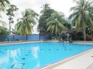 a large blue swimming pool with palm trees in the background at Pelangi Hotel & Resort in Tanjung Pinang