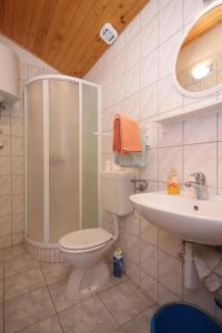 La salle de bains est pourvue d'une douche, de toilettes et d'un lavabo. dans l'établissement Apartments with a parking space Ivan Dolac, Hvar - 8797, à Ivan Dolac