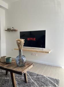 eine Vase auf einem Tisch in einem Wohnzimmer mit einem Fernseher in der Unterkunft Appartement situé en plein coeur du centre-ville in Rochefort + 6 Fotos