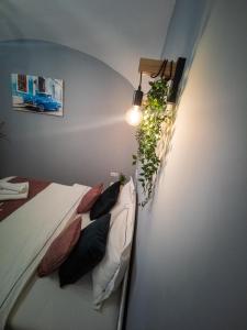 a bedroom with a bed with pillows and a plant on the wall at Havana Studio in Braşov