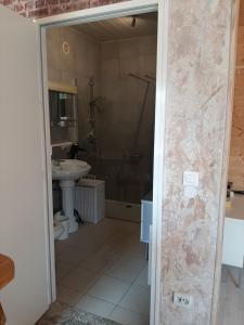 ein Bad mit einer Dusche und einem Waschbecken in der Unterkunft Studio dans bâtisse typique du Jura 