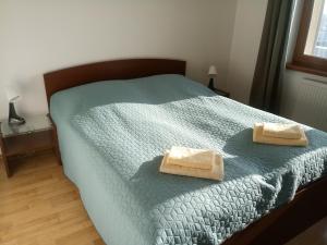 a bedroom with a bed with two towels on it at Apartmány Liptov in Liptovský Mikuláš