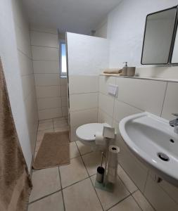 a white bathroom with a toilet and a sink at Ferienapartment-Barbara in Langscheid