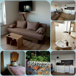 un collage de cuatro fotos de una sala de estar en Ferienapartment-Barbara, en Langscheid