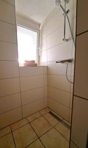 a small bathroom with a shower and a window at Ferienapartment-Barbara in Langscheid