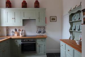 a kitchen with green cabinets and a stove at The East Wing in Glasbury