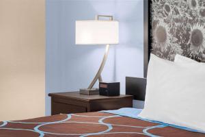 a bedroom with a bed with a lamp on a table at Super 8 by Wyndham Lenexa Overland Park Area/Mall Area in Lenexa