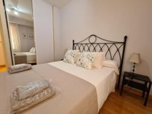 1 dormitorio con 1 cama grande y espejo grande en Dos Torres Edificio de los Arcos 3 - Plaza de Parking Incluida, en Zaragoza