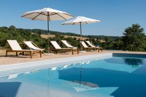 a group of chairs and umbrellas next to a swimming pool at Tenuta San Lodovico in Scansano