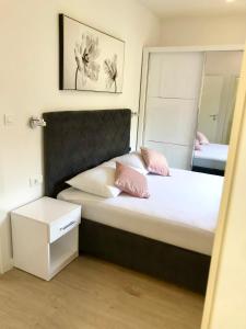 赫瓦爾的住宿－Hotel B&B CHAMBERLAIN，一间卧室配有一张带粉红色枕头和镜子的床
