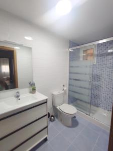 uma casa de banho com um WC, um lavatório e um chuveiro em ALMIJARA em Vélez-Málaga