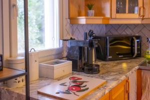 a kitchen with a counter with a cutting board and a microwave at Sleep Inn in Jomala