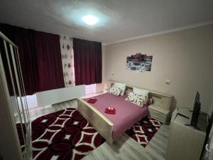 een slaapkamer met een roze bed en een tapijt bij Pensiunea La Nety in Bozovici