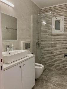 y baño con lavabo, aseo y ducha. en Ευχάριστη Βίλα, 90 μέτρα από τη θάλασσα, en Agioi Theodoroi