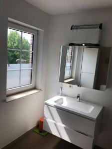 GRANDE MAISON COZY, SUD, 15 MIN SPA FRANCORCHAMPS في تو: حمام أبيض مع حوض ونافذة