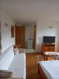 a living room with two beds and a tv at Pensiunea Brian in Moieciu de Jos
