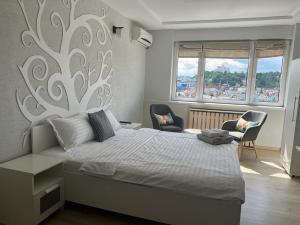 1 dormitorio con 1 cama, 2 sillas y ventana en Cluj Napoca Apartament Lux Cuza Voda, en Cluj-Napoca