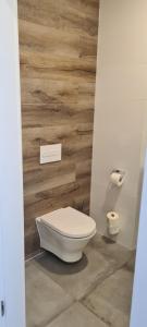 ein Bad mit einem WC und einer Holzwand in der Unterkunft Aparthotel Apartamenty Czarna Góra 227 in Heudorf