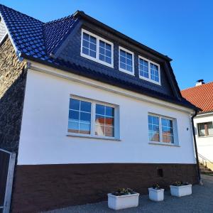 een wit huis met ramen en een zwart dak bij Ferienhaus Blaue Blume mit 11 kW Ladestation, Kamin, Terrasse, eingezäuntem Garten, Sauna, WLAN, Netflix, 2 Hunde willkommen! in Güntersberge