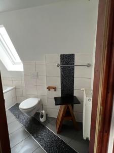 La salle de bains est pourvue de toilettes et d'un lavabo. dans l'établissement Ferienhaus Wiethüchter, à Lübeck