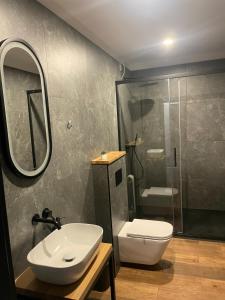a bathroom with a toilet and a sink and a shower at Apartamenty Nadrzeczna 14 in Karpacz