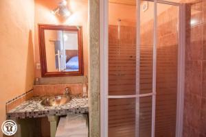 a bathroom with a sink and a shower with a mirror at La maison des archers in Saint-Saturnin